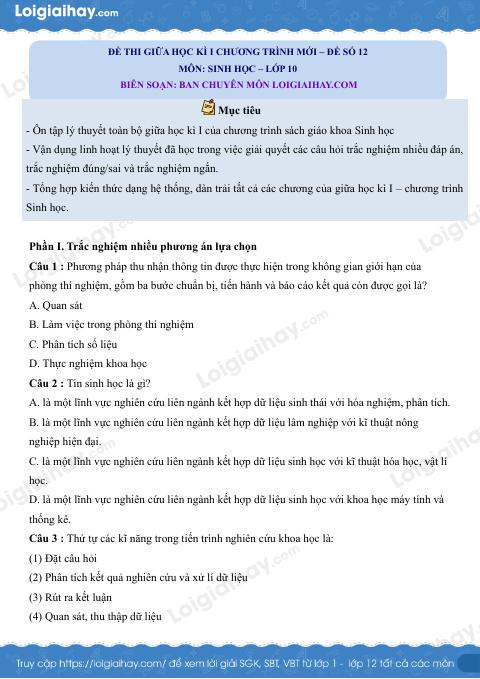 Đề thi giữa kì 1 Sinh 10 Kết nối tri thức - Đề số 12